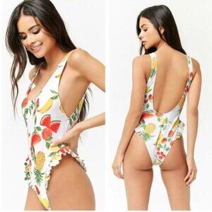 Forever 21 Tropical Fruit Print One-Piece Swimsuit Med Cheeky High Cut Ruffle